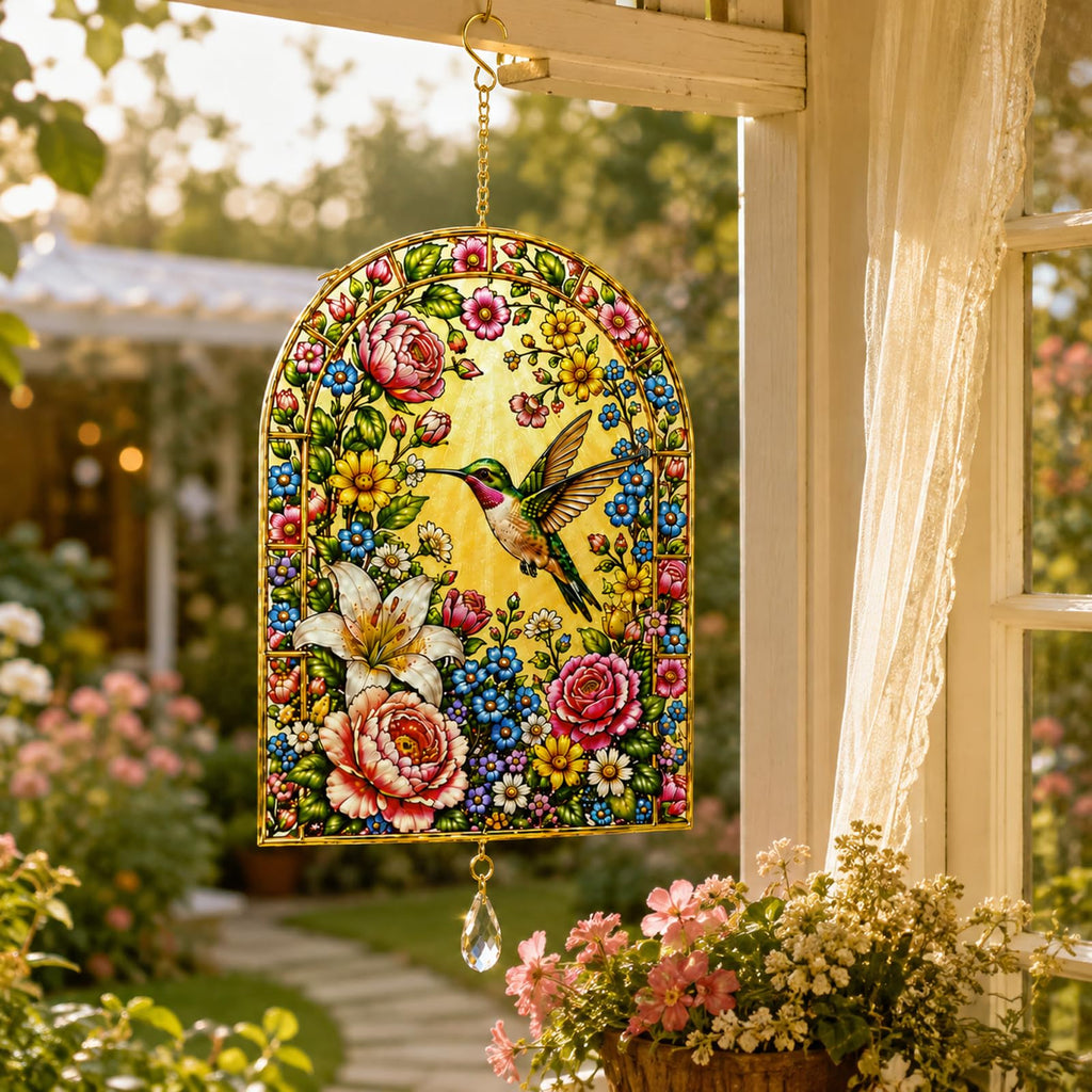 Hummingbird Suncatcher for Windows, Double Sided Tempered Glass Window Hanging, Floral Bird Stained Glass Style Sun