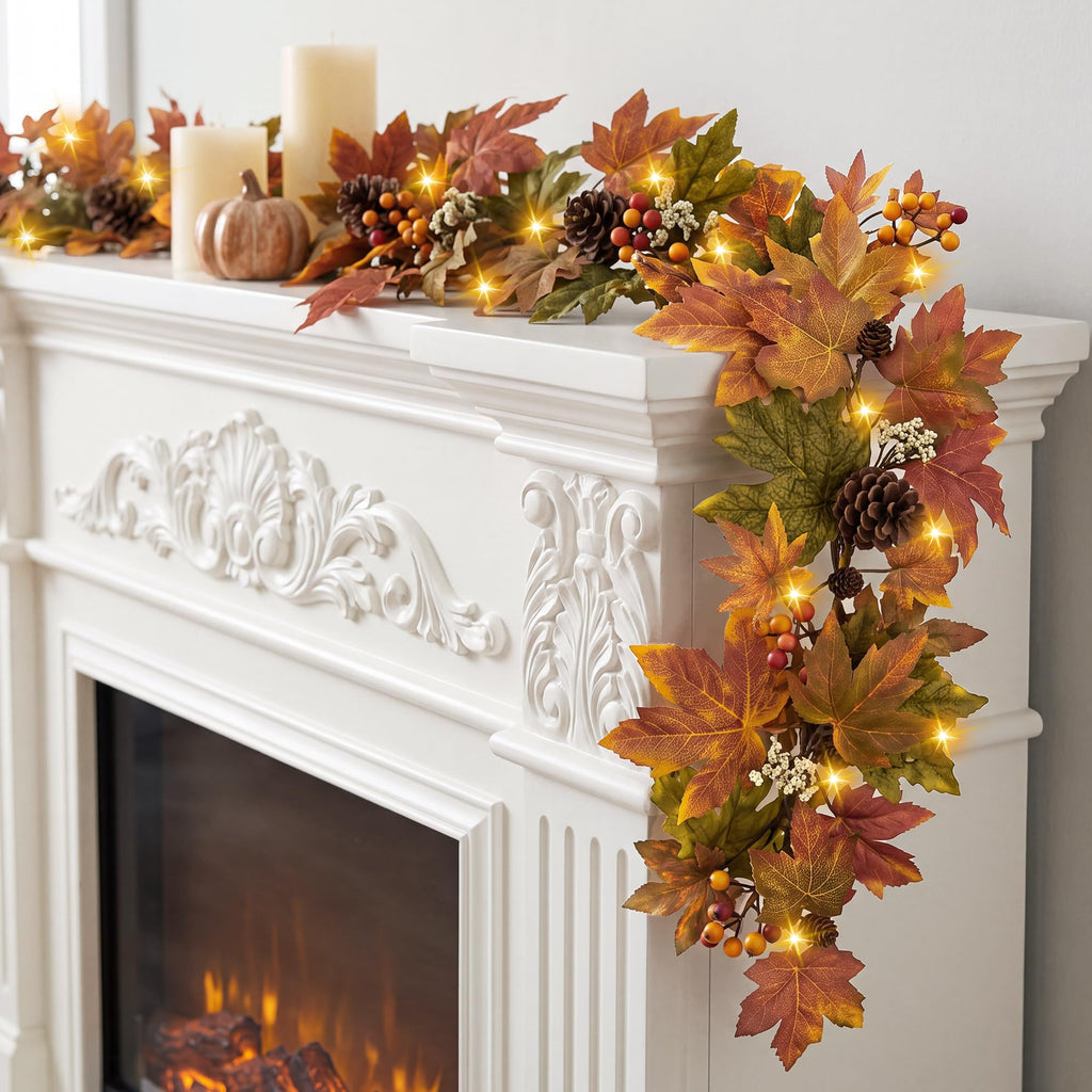 Fall Maple Leaf Garland, 9 Ft Fall Decor Garland with 30 Warm Lights