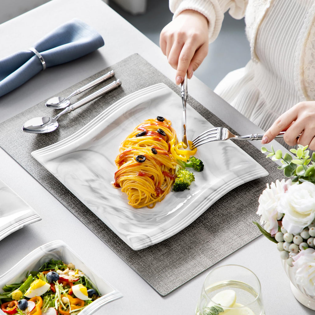 Plates and Bowls Set, 12-Piece Modern Porcelain Dinnerware for 4, Marble Square Ceramic Dish Set, Microwave and