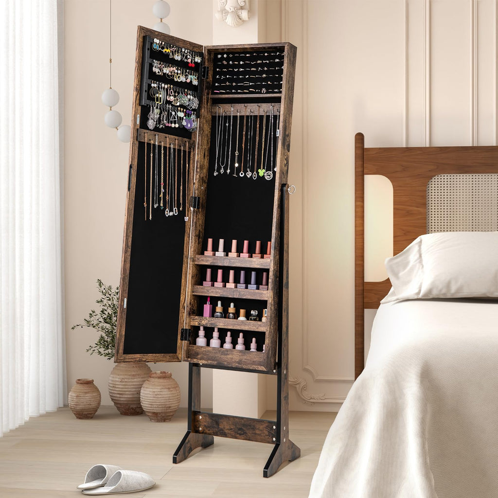Jewelry Cabinet, Jewelry Organizer with Full Length Mirror Door, Standing Makeup Mirror Cabinet, Freestanding Jewelry