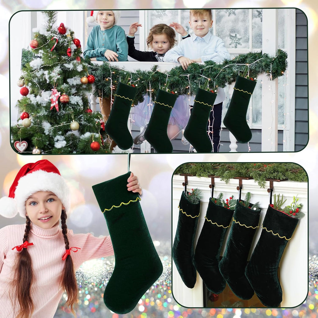 Velvet Christmas Stockings 20 Inch Large Green Xmas Stockings with Scalloped Gold Edge Hanging Soft Velvet - Set of 4