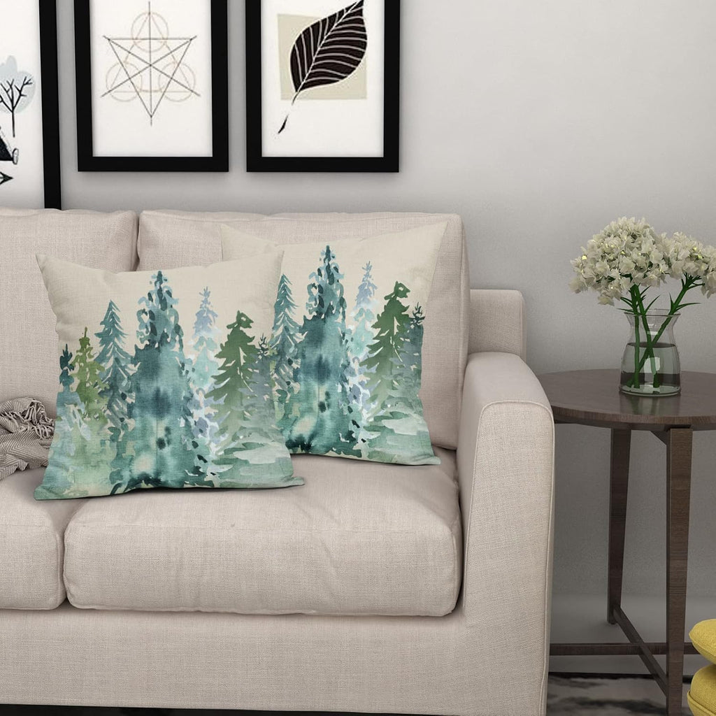 Winter Christmas Tree Pillow Covers 18x18 Blue Green Nature Forest Rustic Watercolor Style Print Decorative - Set of 2