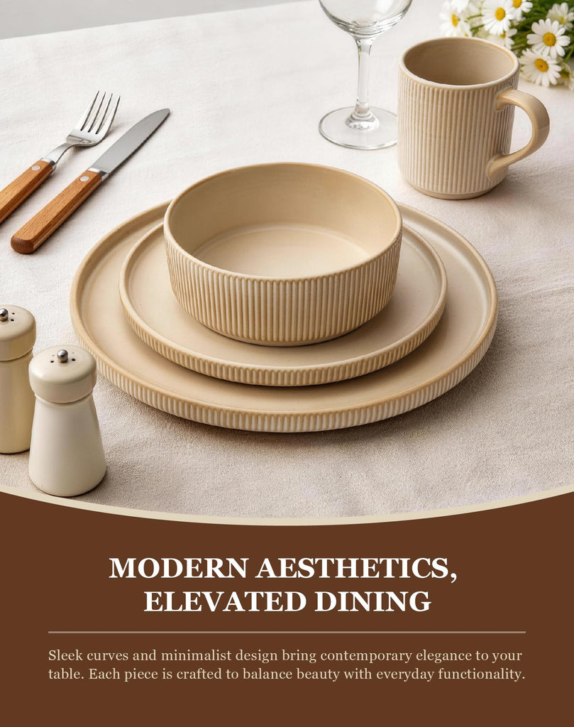 24-Piece Dinnerware Set for 6 with Mugs, Ribbed Stoneware Plates and Bowls Sets, Unique Handcrafted Reactive Glaze