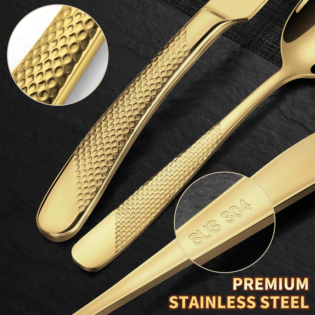 Hammered Gold Silverware Set for 8,18/10 Stainless Steel Flatware Set with Serrated Forged Knives,Heavy Duty
