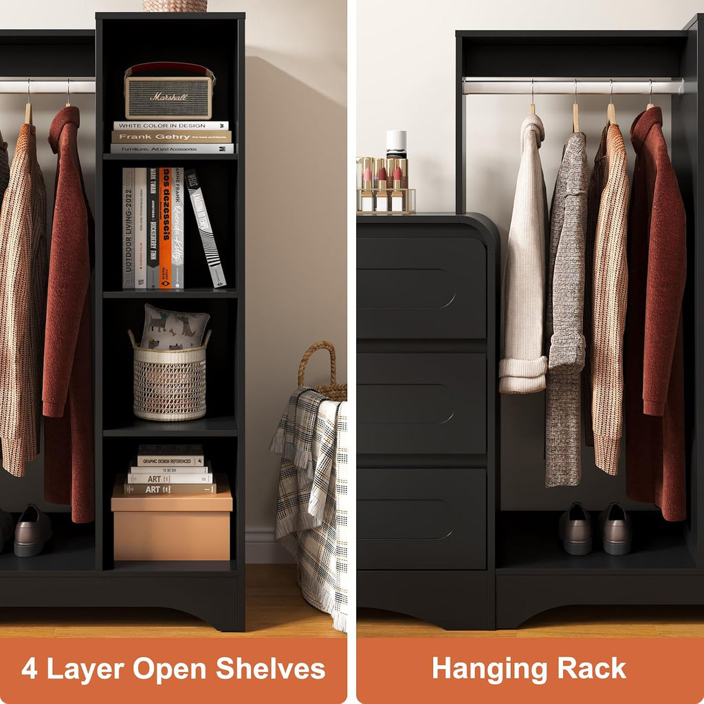 Dresser with Clothes Hanging Rack, Wardrobe Closet w/ 6 Drawers and Shelves | Pre-Installed Slides for Fast