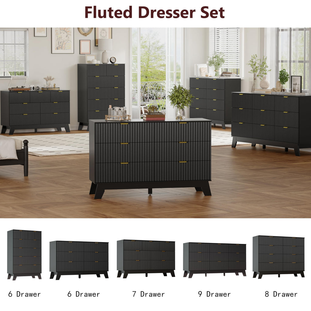 Black Dresser 9 Drawer Dresser, 57''Wide Fluted Wooden Dresser Storage Cabinet and Chest of Drawers with Metal