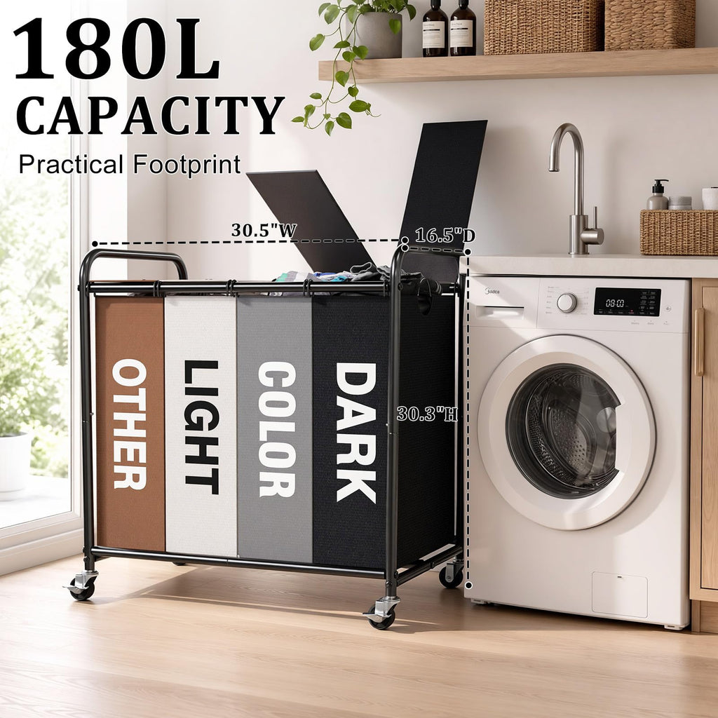 Laundry Sorter 4 Section with Lockable Wheels and Lid Multicolor