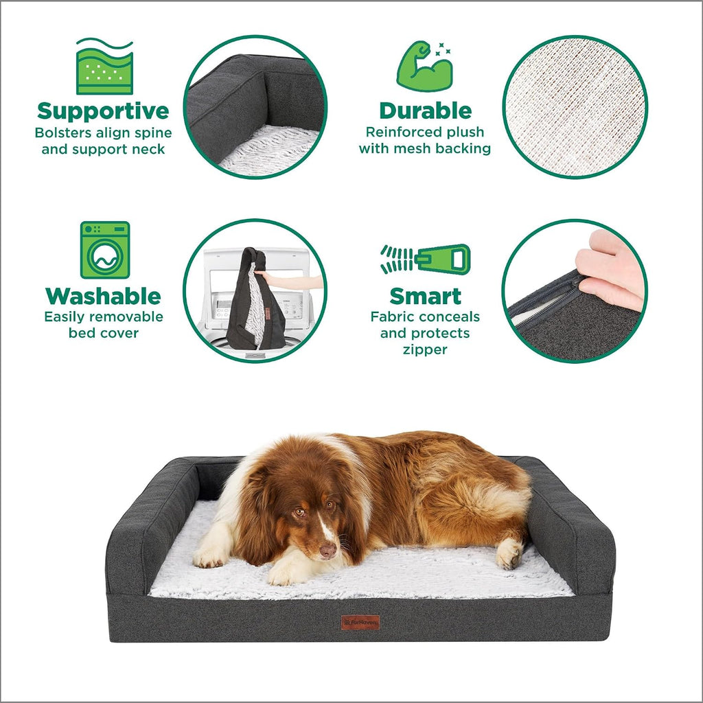 Birch Faux Fur & Soft Faux Linen Gel-Top Sofa Pet Bed, Charcoal, Jumbo