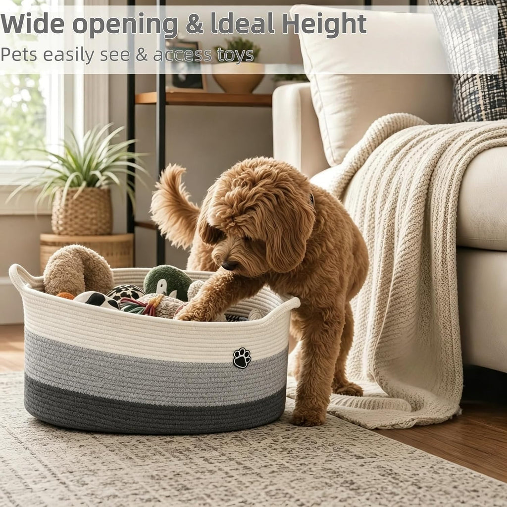 40L Extra Larg Dog Toy Basket, Woven Rope Storage Basket, White-Grey