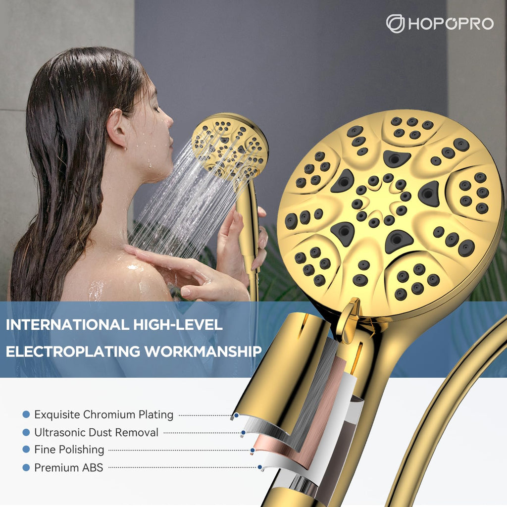 High Pressure Handheld Shower Head Set with 6 Shower Settings, Gold