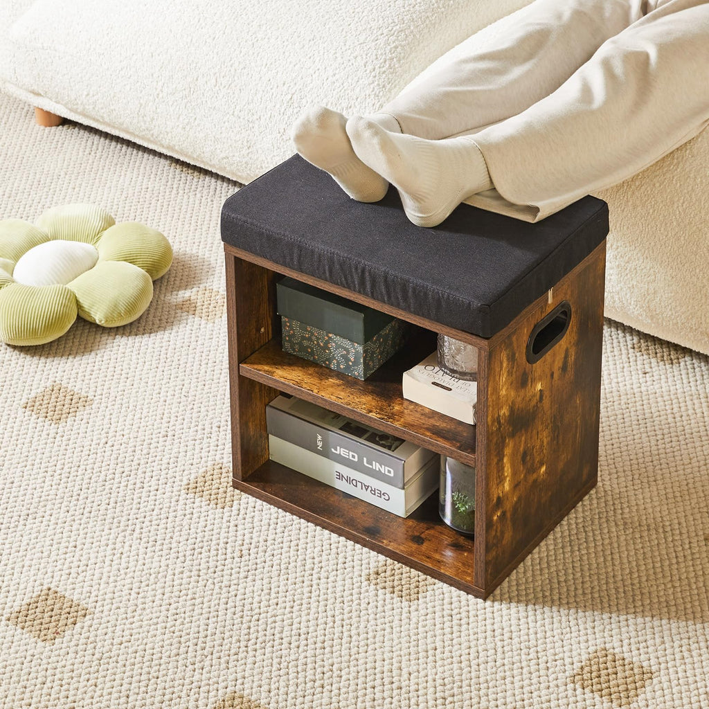 Small Shoe Storage Bench with Cushion, Rustic Brown
