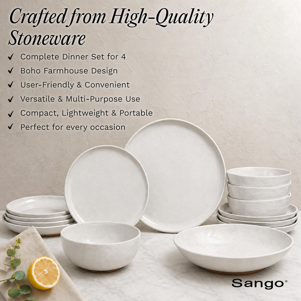 16-Piece Boho Farmhouse Stoneware Dinnerware Set for 4, Semi-Matte White Plates and Bowls Sets with Rustic Speckled