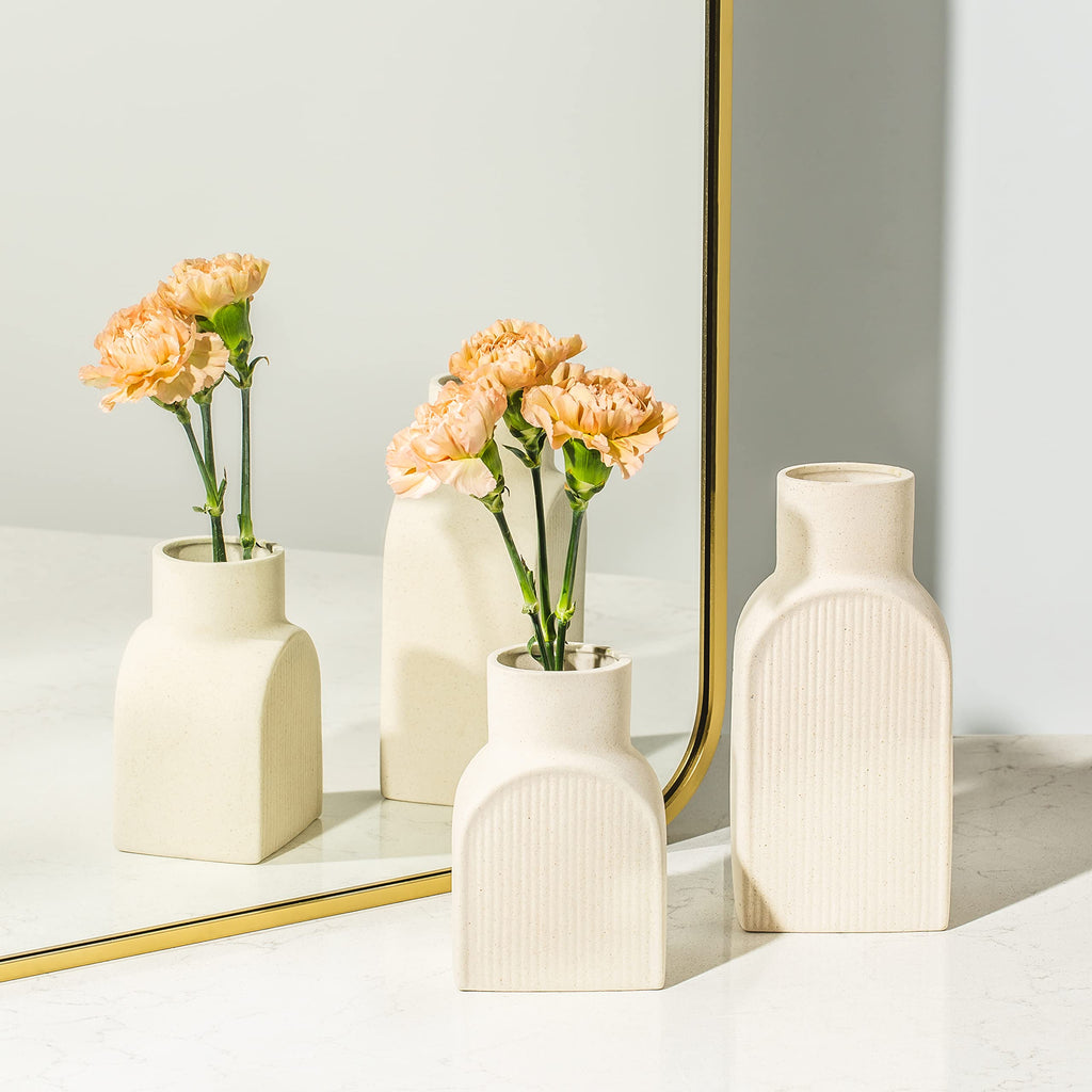 Ceramic Ribbed Vases - 2 Piece Set, Small and Large Vase, Bottle Flower Planter Set. Scandi Style Home Decor. Neutral