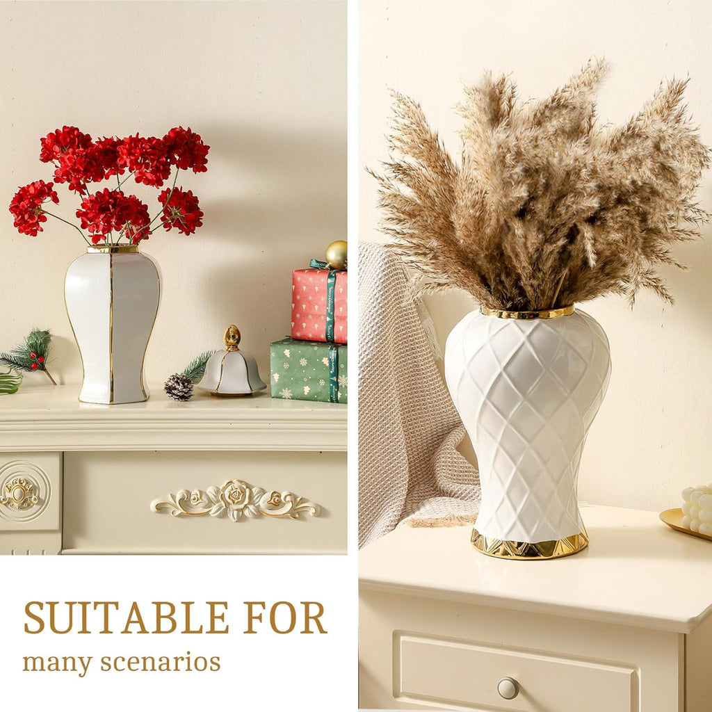 Ginger Jars Decor, White and Gold Vase, Decorative Ceramic Ginger jar with lid, Porcelain Flower Vase