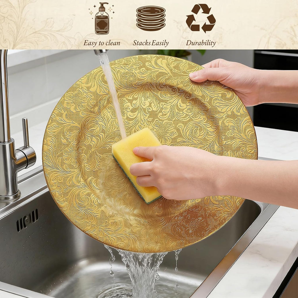 Gold Charger Plates, 13" Plastic Round Antique Plate Chargers for Dinner Plates, Floral Charger Plates - Set of 12