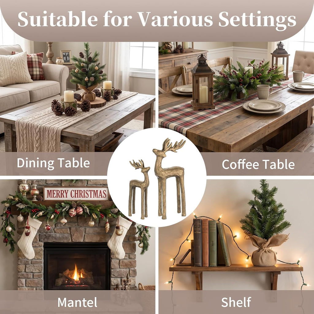 Gold Reindeer Christmas Decor: Set of 2 Iron Reindeer Figurines