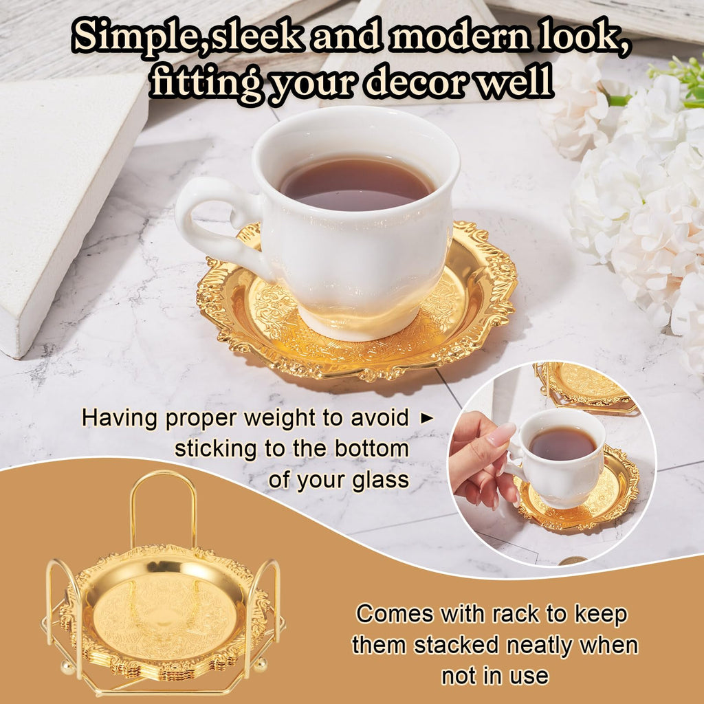 6 pcs Gold Drink Coaster with Holder Vintage Coasters Round Coasters Metal Cup Mats for Wedding Coffee Table Glass