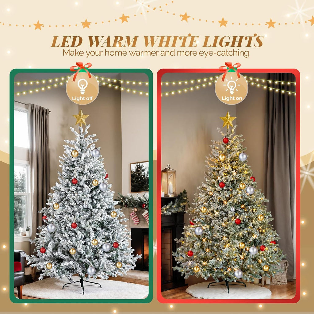 7ft Flocked Xmas Tree with 400 Warm White LED Lights, Pre-lit Design, 1100 Branch Tips, 8 Dynamic Modes, PE and PVC