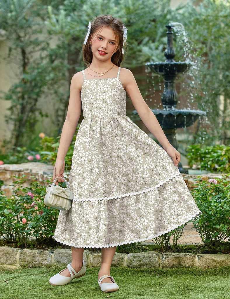 Girls Spaghetti Strap Dress Tiered Cami Maxi Sundress with Pockets