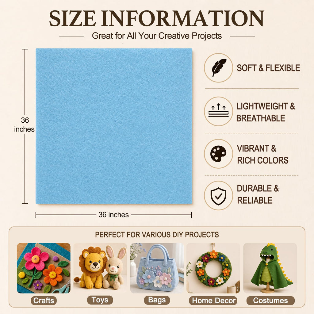 Baby Blue Large Felt Fabric 36" x 36", 1.4mm Soft Felt Sheet