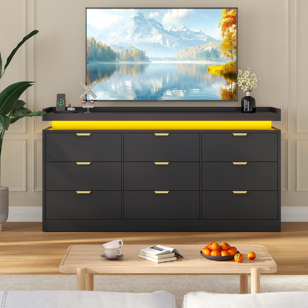 9 Drawer Dresser, Black Dresser with LED Lights and Power Outlet, Large Wooden Dressers Modern Chest of Drawers