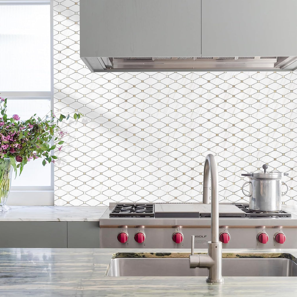 10 Sheets Peel and Stick Backsplash, Polished Dolomite PVC Mixed Metal Gold Kitchen Backsplash, Stick on Backsplash