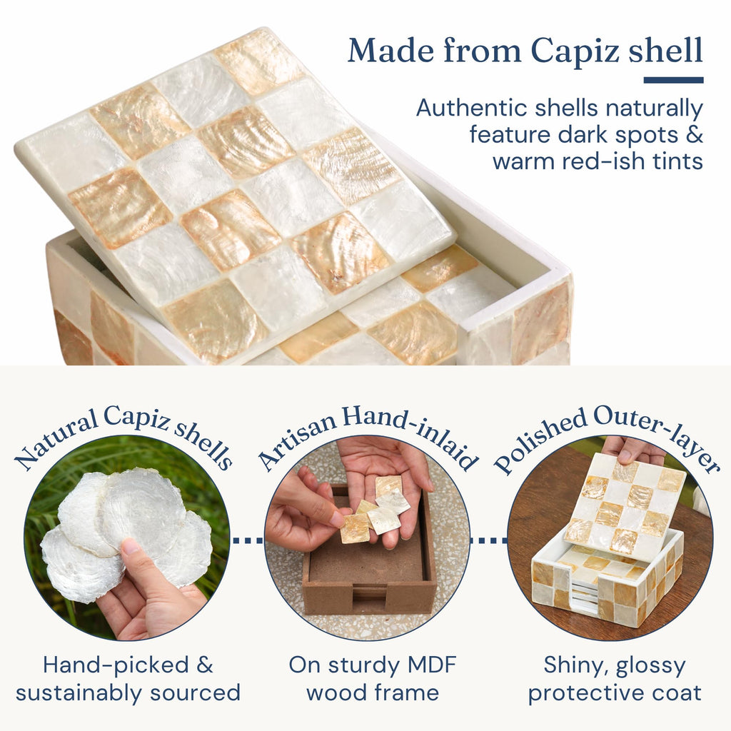 4" Capiz Shell Mosaic Square Coasters Set 6 with Holder, Ivory
