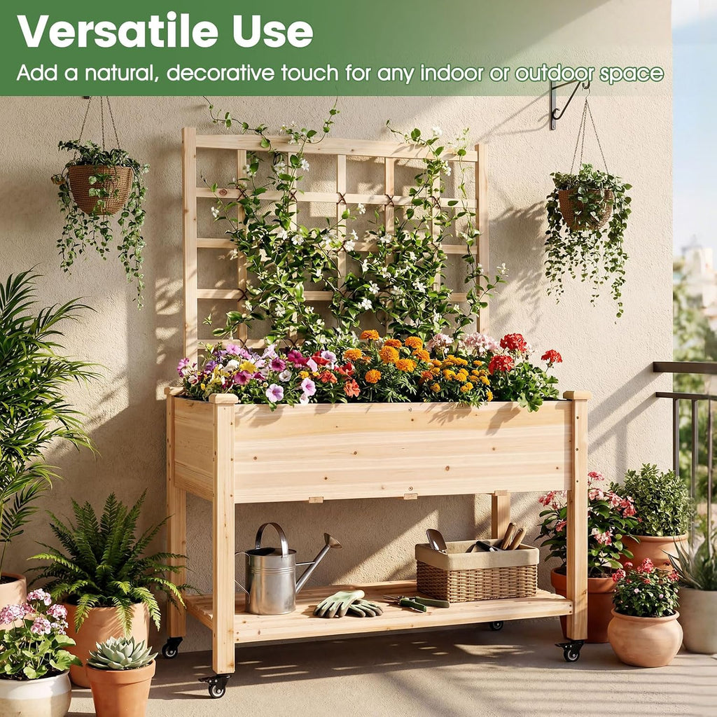 65'' Wooden Raised Garden Bed w/Trellis on Wheels, Mobile Elevated Planter Box w/Legs, Liner & Drainage Holes for