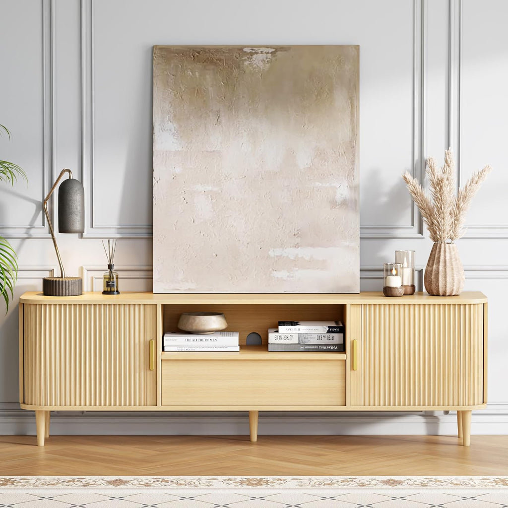 Mid-Century Modern Fluted TV Stand for 65/70/75/80 Inch TVs, 69" Entertainment Center with Grooved Sliding Doors &