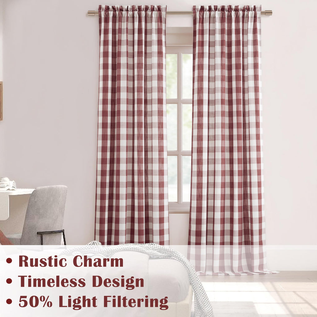 Red White Buffalo Check Window Curtain Panel 54 Inch Long, Burgundy Checkered Geometric Rod Pocket Window