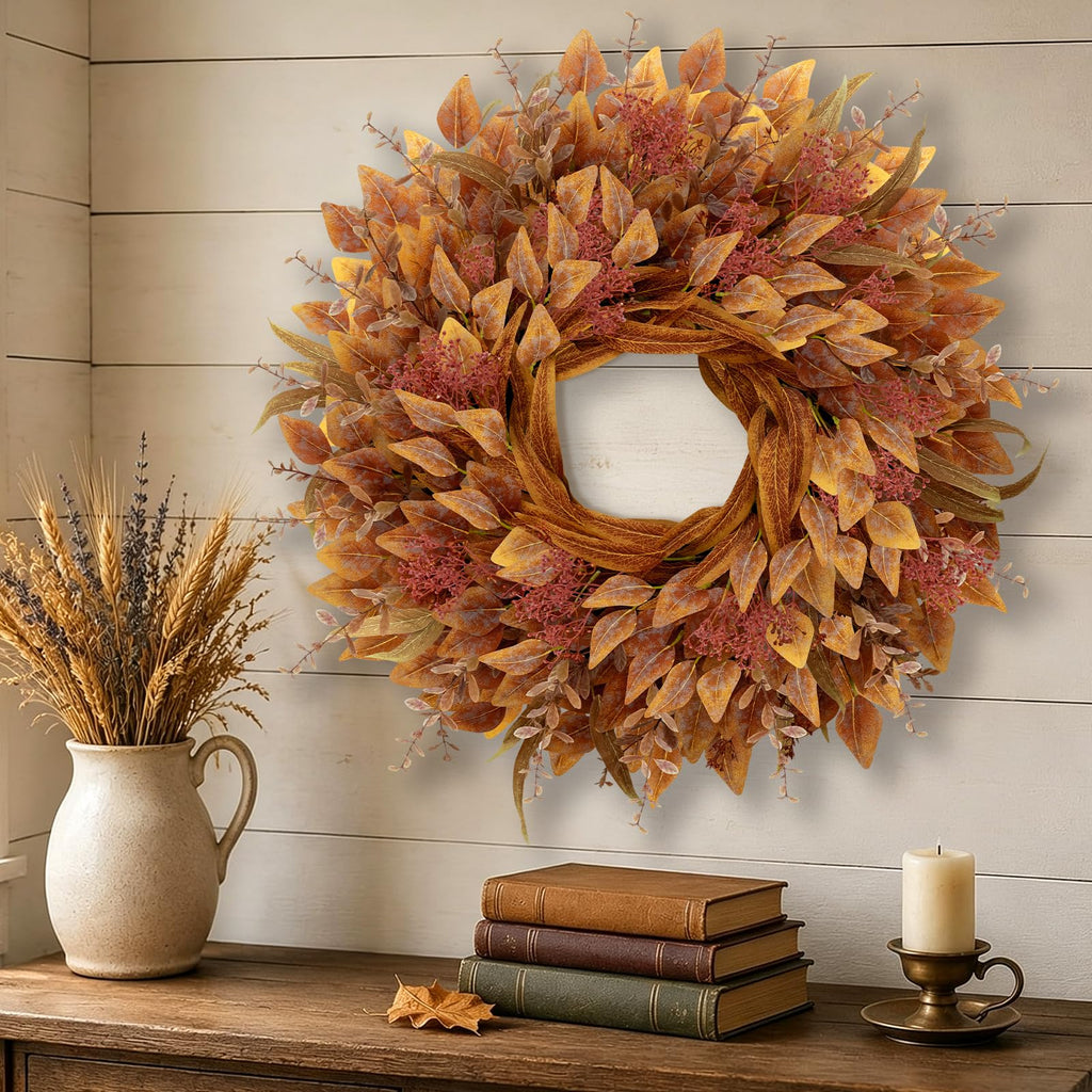 26" Fall Wreaths for Front Door Full Large Eucalyptus Wreath(Orange)