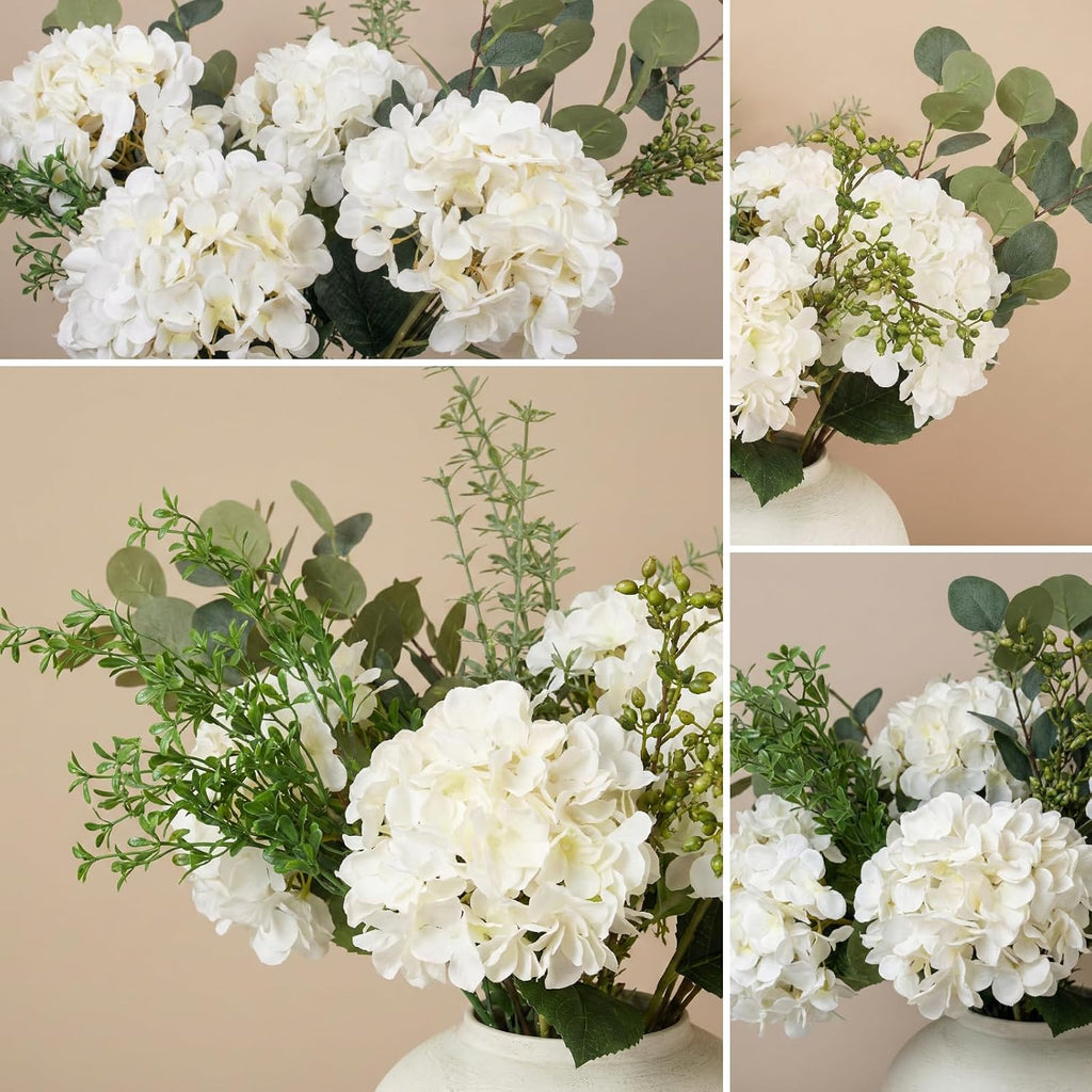 Faux Arrangement - Eucalyptus & White Hydrangea Flowers, Large Artificial Floral Greenery Centerpieces for Tables - Set of 9