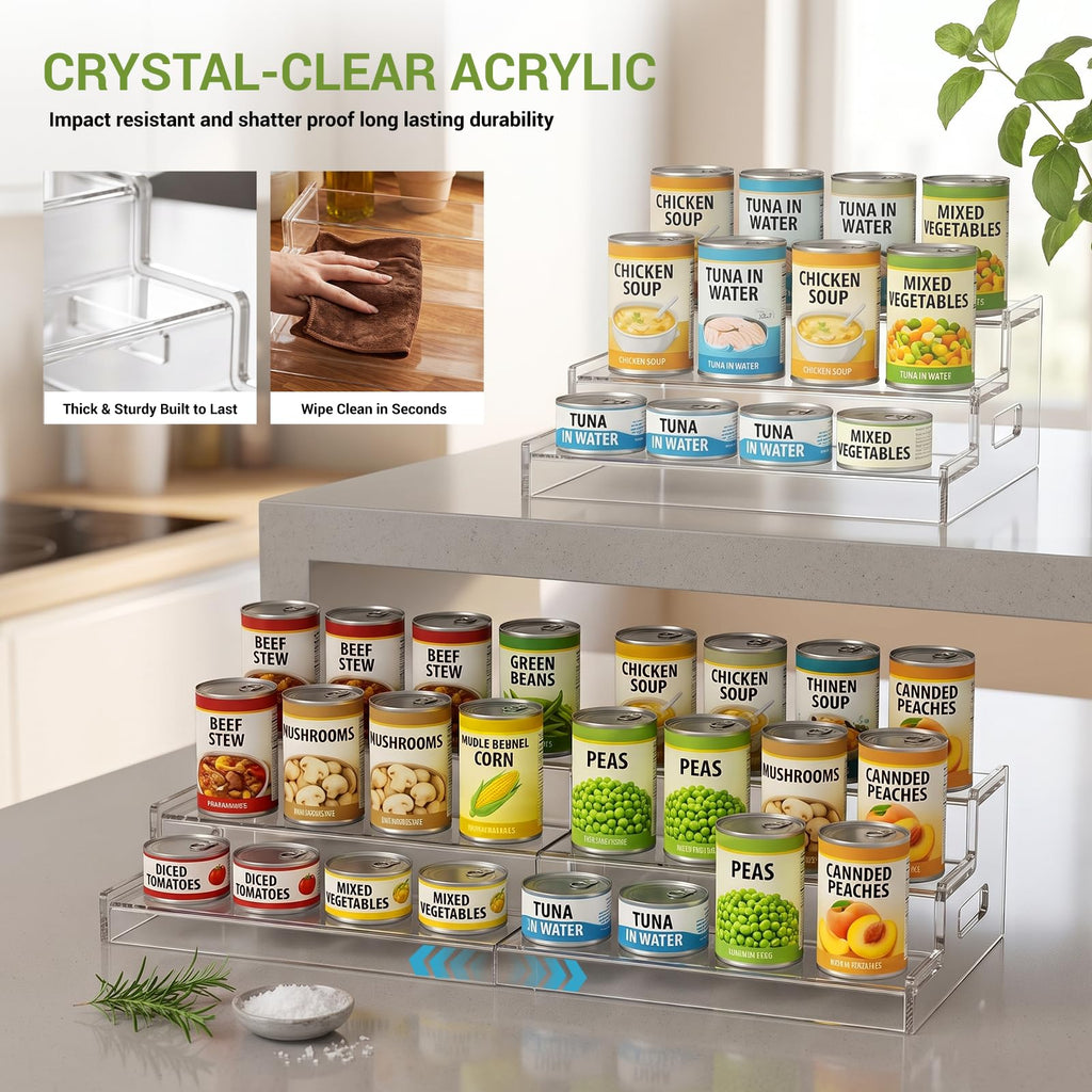 Expandable Acrylic Can Organizer for Pantry, Holds 24 Cans