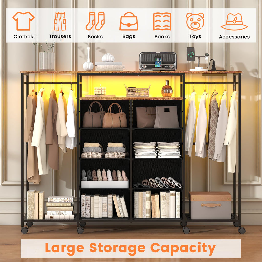 59.1" W with Hanging Rack, 8 Drawer with LED Lights & Charging Station, Fabric Dressers with Portable Wheels, Metal