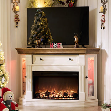 56" Farmhouse Corner Fireplace TV Stand for 65" TV, Antique White