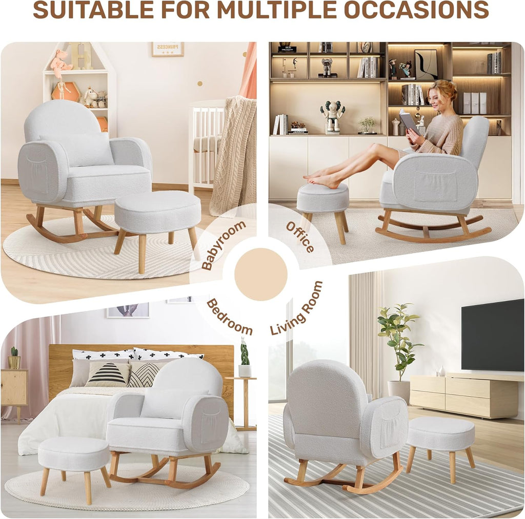 Rocking Chair Nursery with Ottoman Footrest, Upholstered Glider Rocker with High Backrest and Side Pocket, Rocking