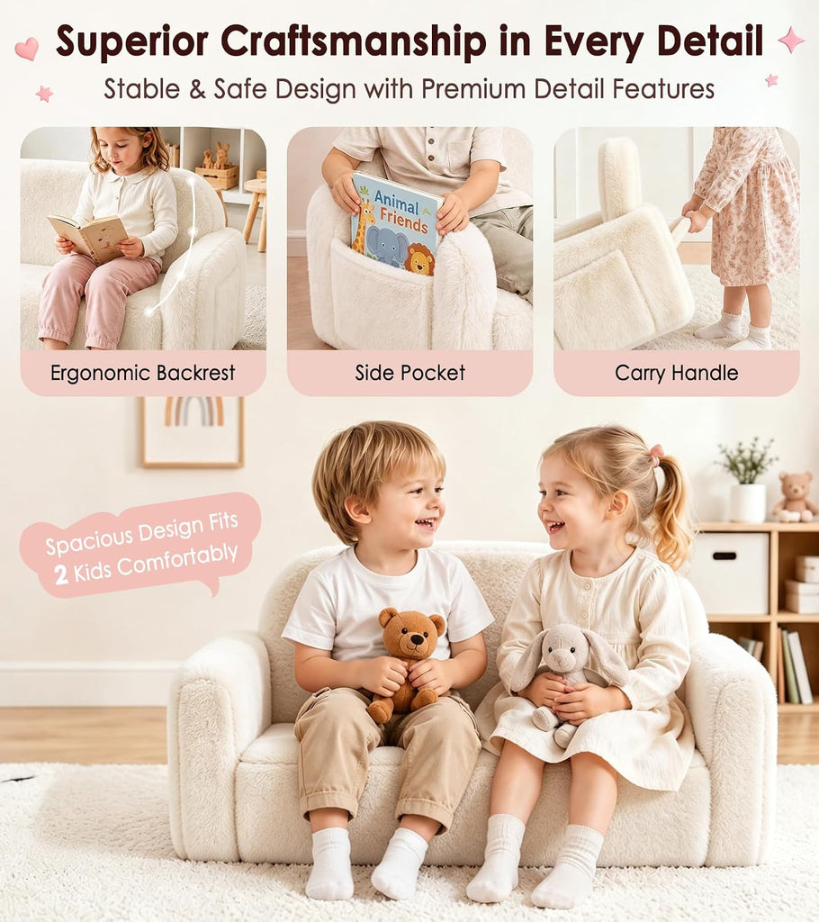 In-1 Kids Plush Kids Couch, Extra Wide Toddler Couch with Bonus Blanket - Ultra-Thick Faux Fur Convertible Sofa