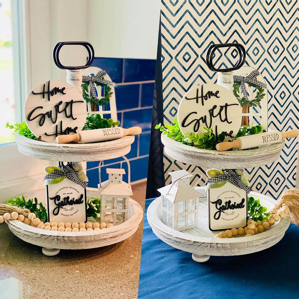 Farmhouse Tiered Tray with 1 Lantern Artificial Plant& Cutting Board Sign for Rustic Home Sweet Home - Set of 17