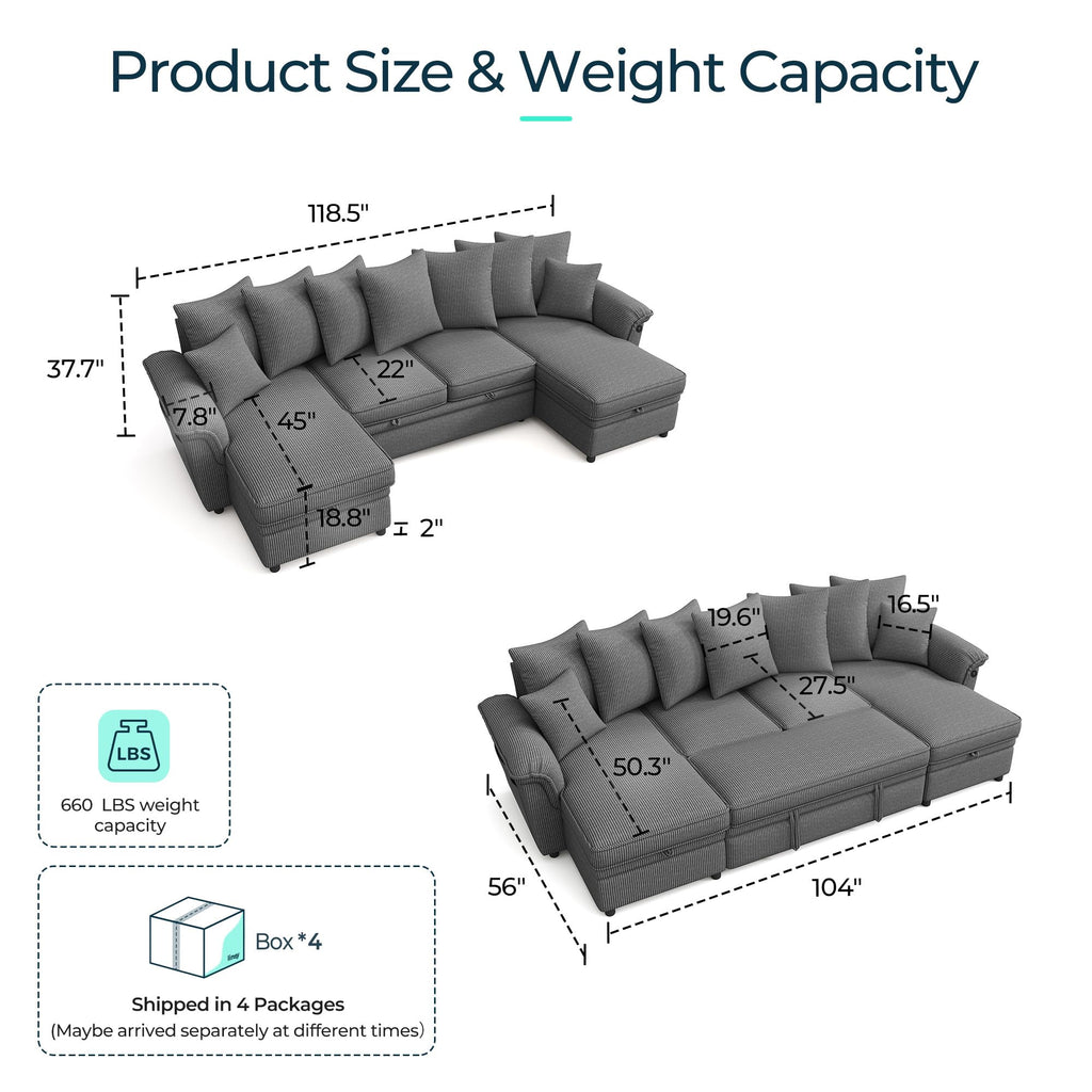Sectional Couch with Pull Out Bed, Large Corduroy Modular Sleeper Sofa, Storage Chaise, Wide Armrest, 118" 4 Seats