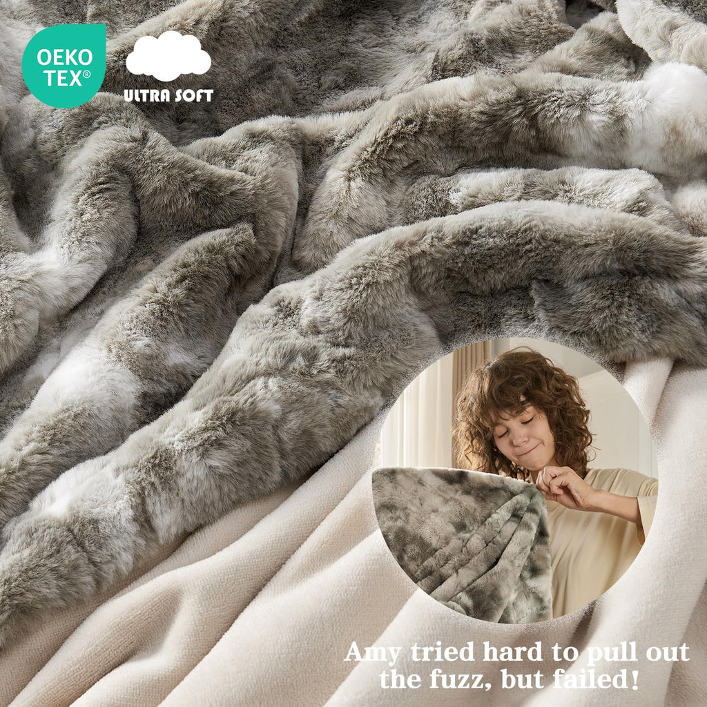 Grey Faux Fur Blanket King Size for Bed, 3D Marble Texture Soft Cozy Fuzzy Plush Thick Warm Blanket, Luxury Christmas