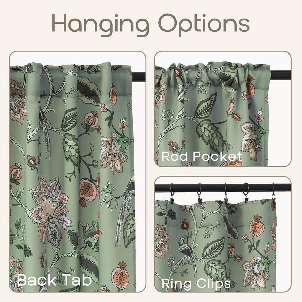 Green and White Curtains 96 Inches Long 2 Panel Set for Bay Window,70% Blackout Eclectic Art Nouveau Print Floral