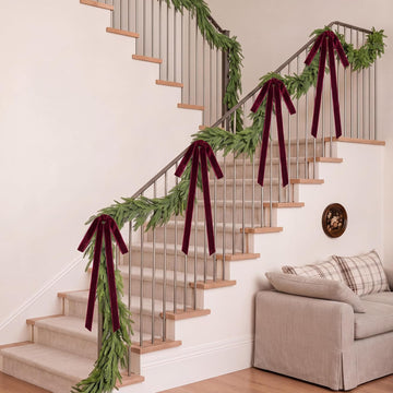 15ft Christmas Garland for Stair with 4 Velvet Bows, Norfolk Pine