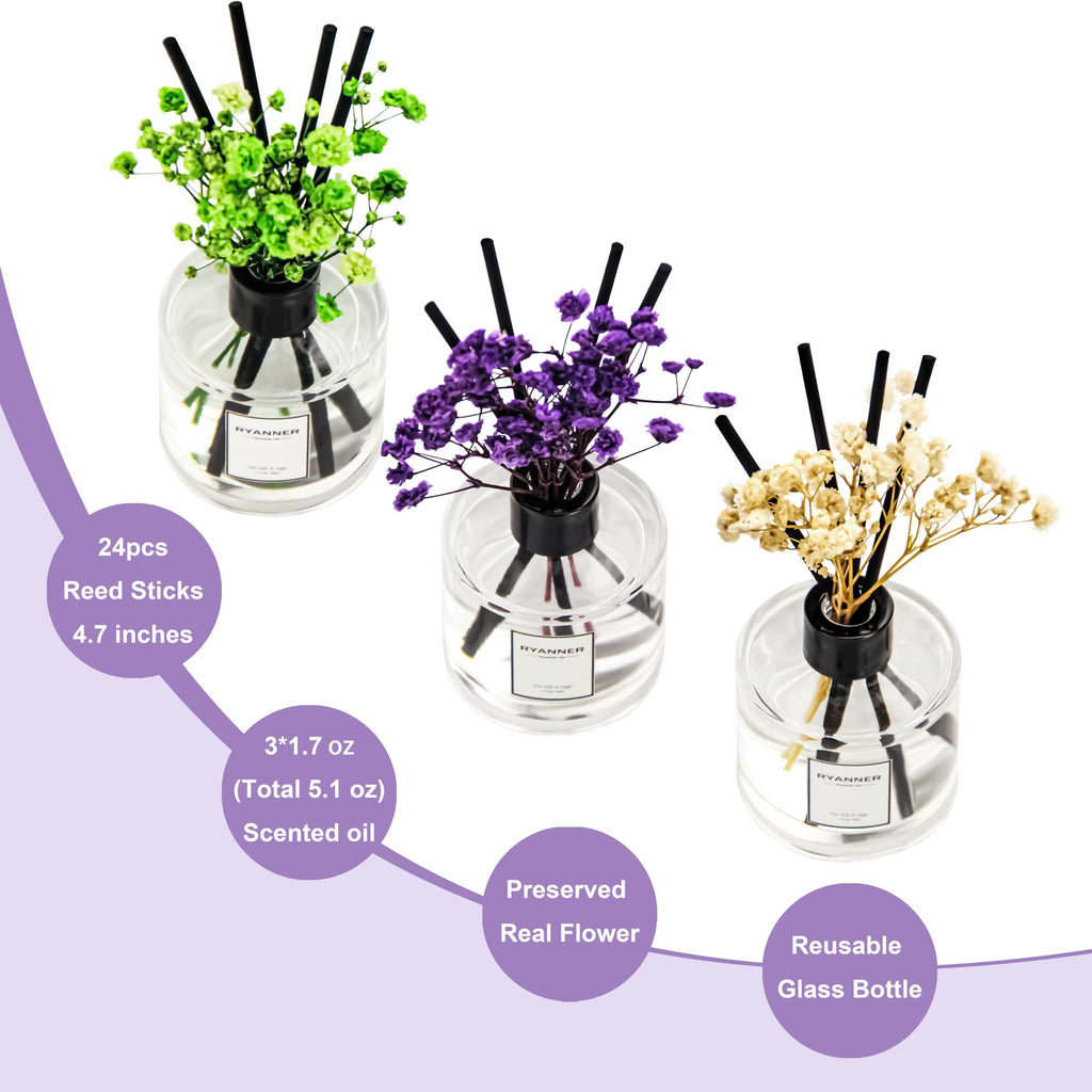 Reed Diffuser Set of 3 Pack, Lavender Eucalyptus/White Jasmine/Lemongrass Scented Oil Diffuser with 24 Sticks(1.7 fl