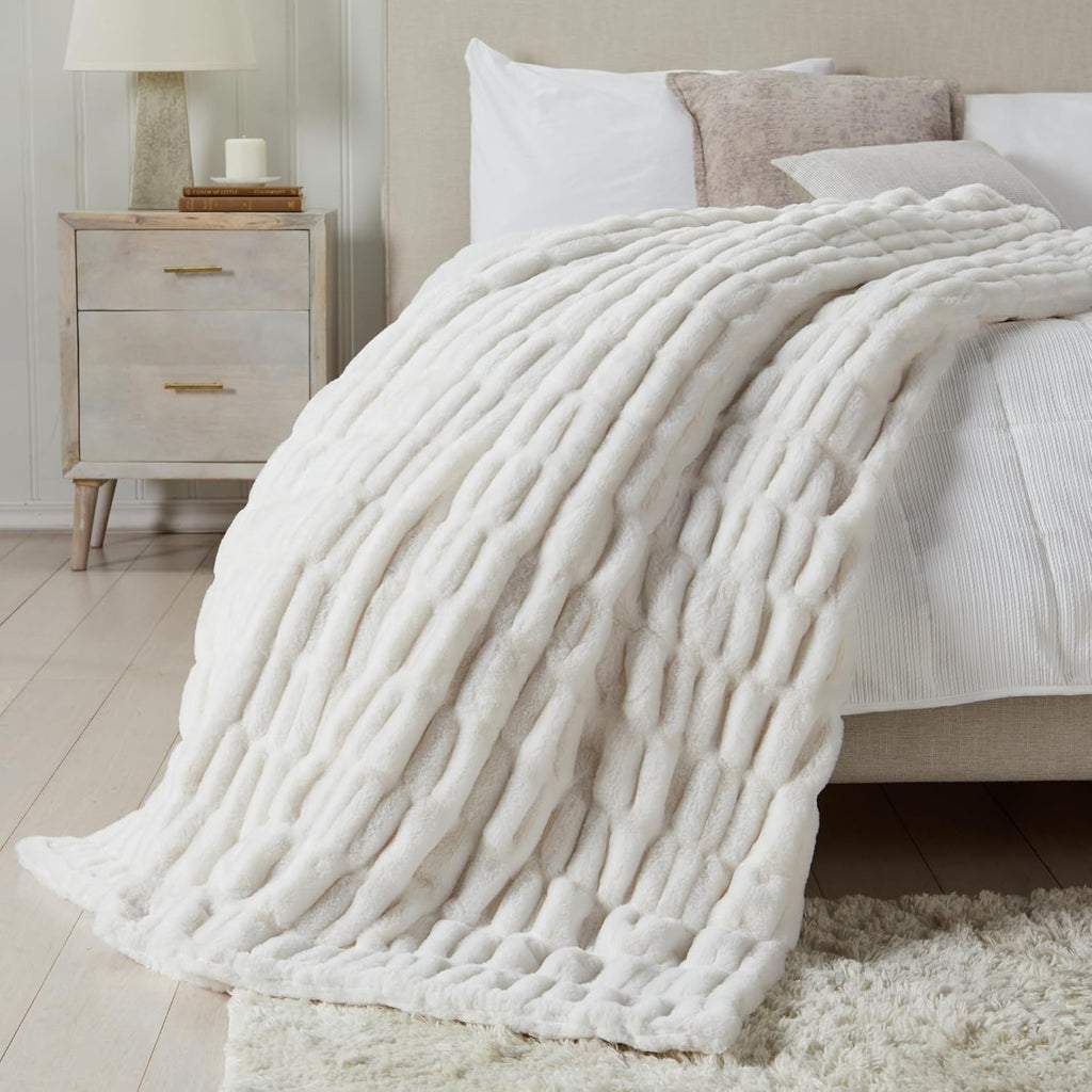 Micro Plush Throw Blanket | Thick Faux Fur | White | Lily Collection | 60" x 70" | White Blanket | Ultra Plush