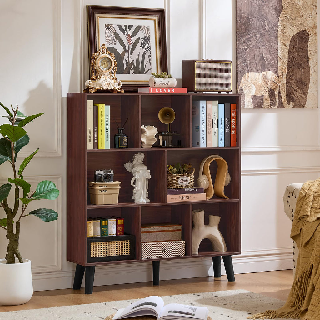 8 Cube Bookshelf, Mid-Century Modern Book Shelf with Legs, Walnut