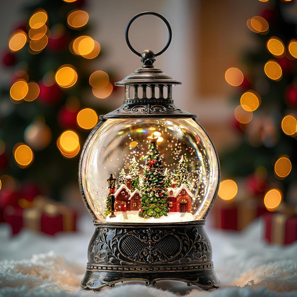 Christmas Snow Globes Water Lantern with Christmas Tree Village, Music & 6H Timer, USB Lined/Battery Operated Lighted