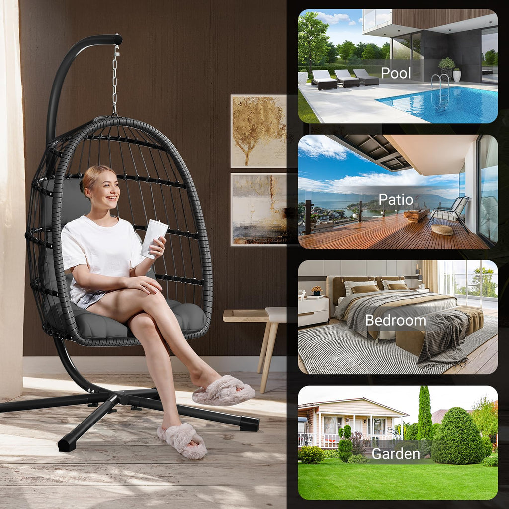 Hanging Egg Chair with Stand, Patio Rattan Wicker Swing Chair, Oversized Hammock Seat Porch Garden, Thickened Steel