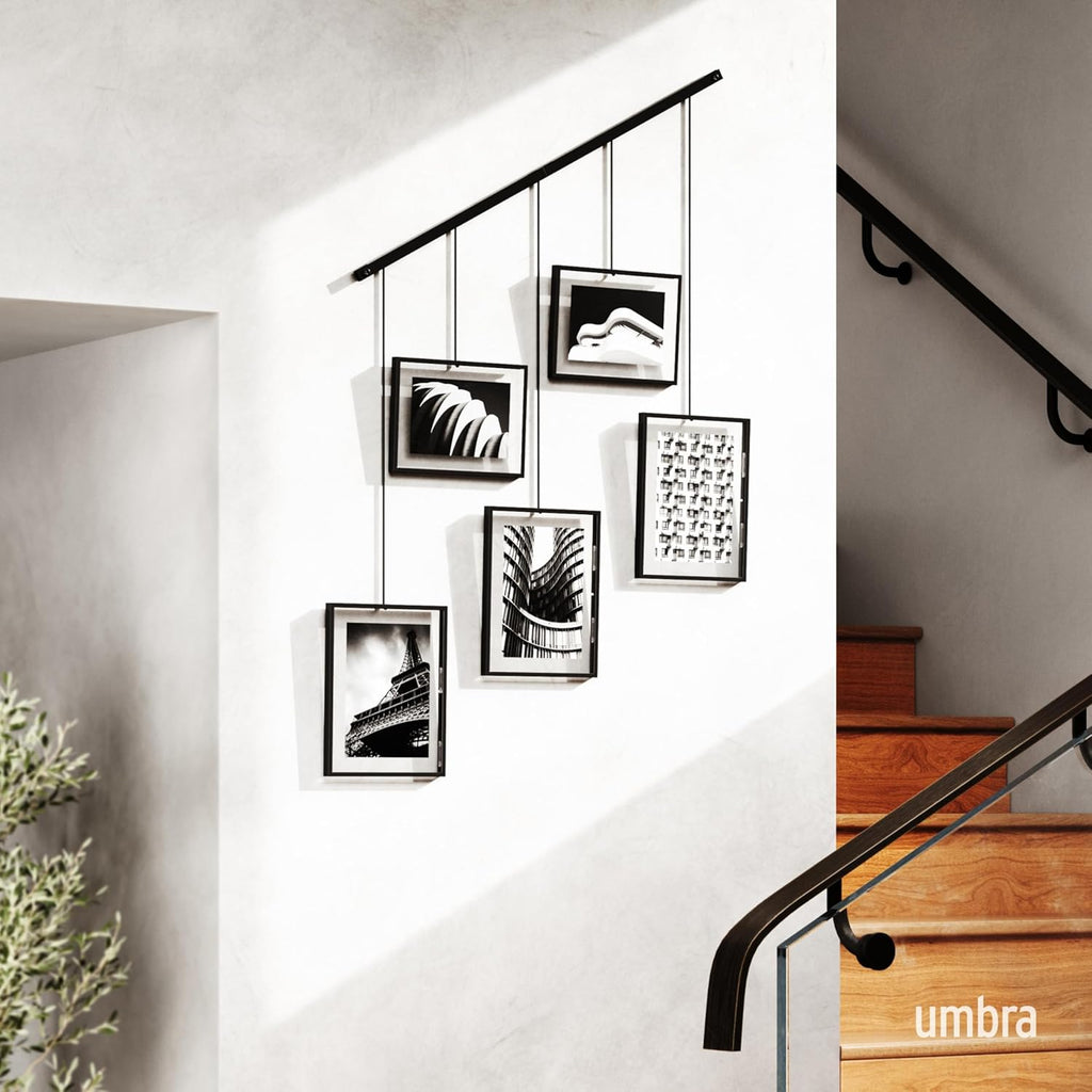 Exhibit Picture Frame Set, Adjustable Wall Mount, Set of 5, Black | Steel construction, customizable layout