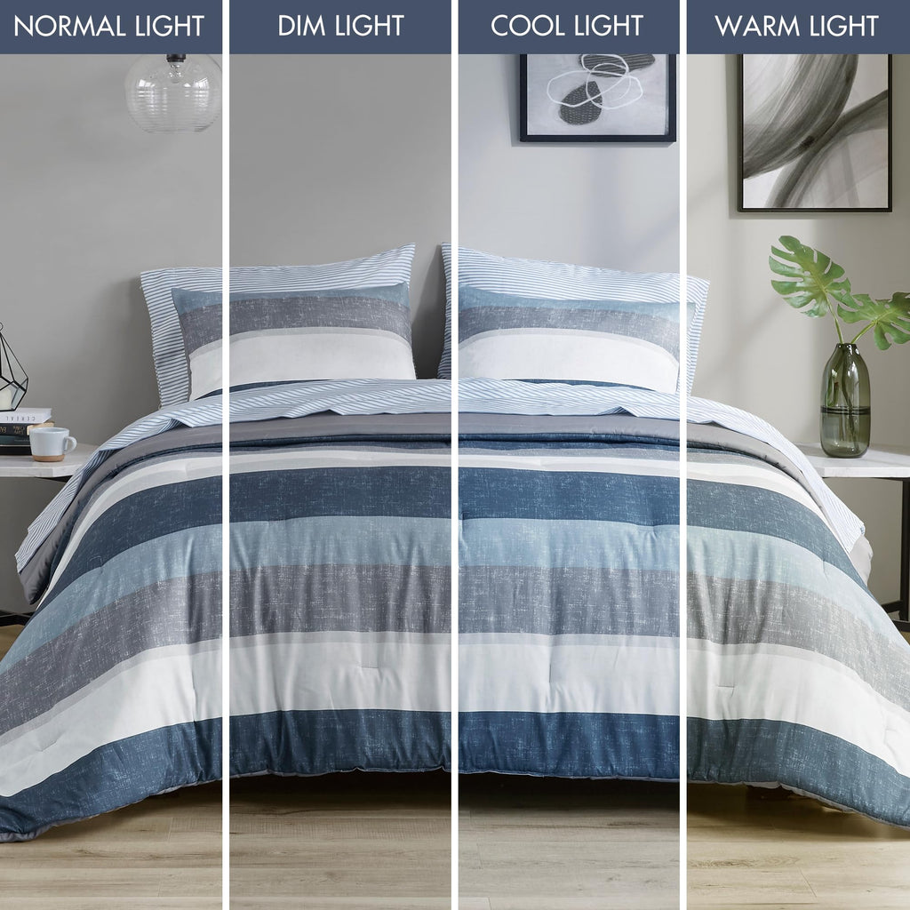 Jaxon Bed in a Bag Comforter Set with Sheet, Printed Stripe Design, Modern All Season Bedding and Matching Sham