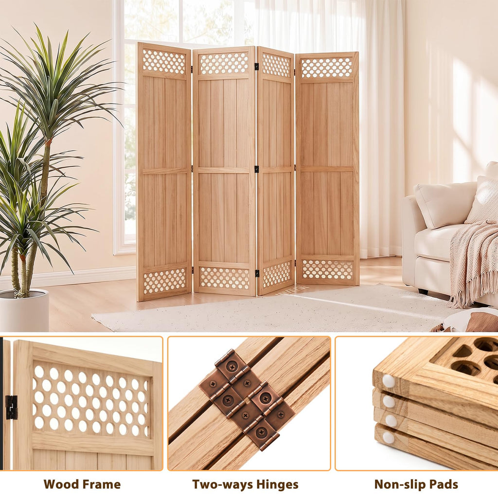 Wood Room Divider Privacy Screen, Natrual Carved Room Divider 4 Panel 67"